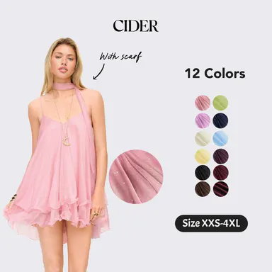 Cider V-Neck Halter Ruffled Hem Tulle Glitter Mini Dress Casual Wear Sexy Glamorous Women's Party Clubbing Festival Gown, Oversized Loose Fit Bounce Sundress with Scarf for
