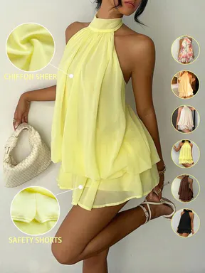 Women's Chiffon Halter Tie Mini Dress, Backless, Sleeveless, Women Dating Dress, Women Night Out Dress, Summer Dresses For Women, Honeymoon Outfits Woman, Women Wedding Guest Dress, Island Vacation Outfits, Sun Dresses For Women, Halter Neck, Evening