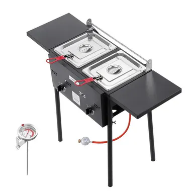 【Backtoschool】VEVOR 8QTx2 Outdoor Propane Deep Fryer Commercial Free Standing Cooker Two Tank
