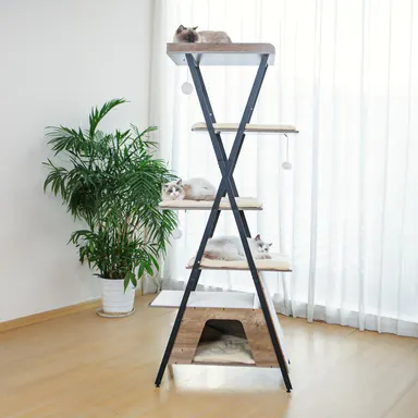 【SohoChic】ZZWHOM 73\" Modern Wooden Cat Tower - Multi-Level Indoor Cat Furniture with Metal Frame, Scratching Posts, Caves, Large Perch, Removable Pads, Anti-Slip Base, Easy Maintenance & High Stability for Cozy Use