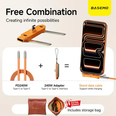 Basemo 240W SuperCharge 2-in-1 Detachable Charging Cable, Zinc Alloy Silicone Type-C Cable with 360° Rotating Invisible Stand, Single Head Charger for Mobile Cellphone Electronic Devices, Ideal for Gaming & Car Use
