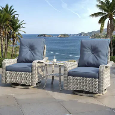[Deals For You Days] Modern Outdoor Rattan Furniture Set - 3-Piece High-Back Rocking Chairs with 4\" Cushions, Fade-Resistant Side Table, All-Weather PE Rattan for Backyard, Garden, Outdoor Furniture Set,home decor,camping essentials
