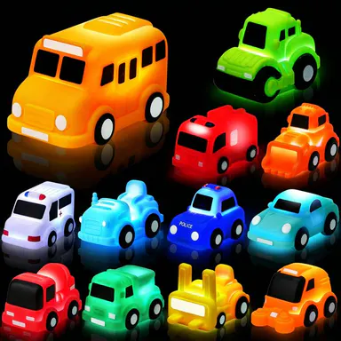 6-Pack LED Light-Up Bath Vehicles Set - Traffic & Construction Cars, Safe Plastic Kids Toys with Water-Activated Flashing Colors, Soft Bath Glow for Toddlers, Great Birthday Gift Pick for Pool/Bathtub Use