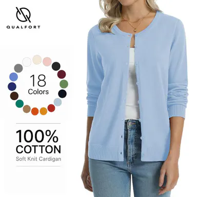 QUALFORT Women's Pure Cotton Lightweight Breathable Cardigan Sweater - Full Sleeve Easy Crew Neck Button-Front, Regular Fit Medium Stretch Solid Knit Top for Office & Everyday Womenswear Clothes