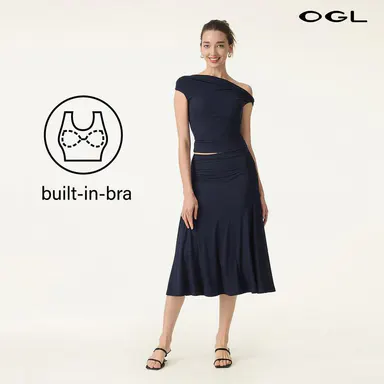 OGL Women's 2-Piece Matching Skirt Set - Multi-Wear Versatile Neckline bra tops with Built-In Bra, Flowy Side Ruched A-Line Midi Skirt, SkinKiss Fabric for Summer, Cute 2-Piece Sets for Women's Clothes trendy fashion style trendy look