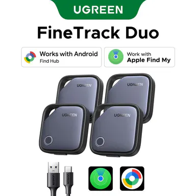 UGREEN Finder Duo (iOS and Android) Air Tracker Tags 4 Pack, 1-Year USB-C Rechargeable Battery Bluetooth Tracker Compatible with Apple Find My or Find Hub App, Item Finder Smart Tag for Key Luggage,sohochic