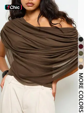 Women's Brown Off-Shoulder Draped Asymmetrical-Neck Top for Office and Casual Wear Cropped Blouse Elegant Casual Chic One Shoulder Twist Flowy Overlay Design Fashion Slim Fit Dressy Tops