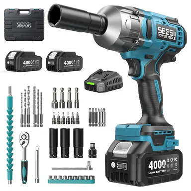 SEESII Cordless Brushless Impact Wrench WH860 Ultra 1300Nm High Torque 2x 21V 4.0Ah Li-ion Batteries 3-Speed Gear LED Light Full Accessories Kit for Agricultural Machinery Trucks Car Repair Home Use DealsForYouDays