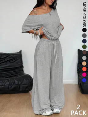 2pcs/Set Women's Minimalist Basic Daily Wear Going Out Sport Comfortable Off Shoulder T-Shirt And Wide Leg Pants Two Pieces Outfits Clothes