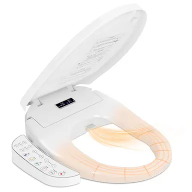 Smart Heated Toilet Seat for Short V-Shaped Toilets – Bidet Warm Water Wash, Self-Cleaning Nozzle, Warm Air Dryer, Deodorizer, Soft-Close Lid, LED Night Light & Touch Panel, Easy Install AS041