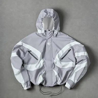Men's Stylish Futuristic Techwear Windbreaker Coat - Long Sleeve, Grey & White Aesthetic, Trending Popular Clothes, Outdoor Stuff for Adults, Streetwear Top with Pockets for Spring