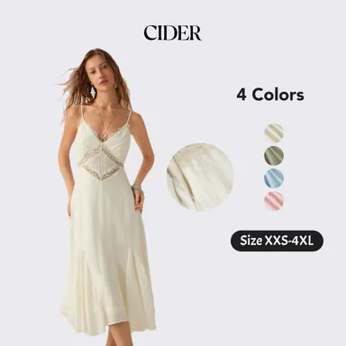 Cider Boho Lace Panel Midi Dress for Beach Vacation, Elegant A-Line Cami Dresses, Ladies Casual Sundress, Spring Birthday Outfits, Lady Gown