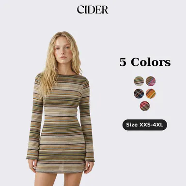 Cider Jersey Boat Neck Striped Bell Sleeve Flared Mini Dress SohoChic