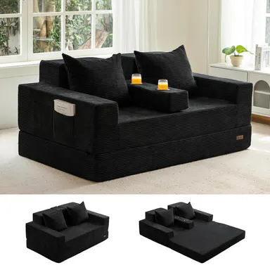 MAXYOYO Loveseat Sofa Bed, 64" Foldable Floor Sofa Couch in A Box with 2 Cup Holders, 4 in 1 Convertible Boneless Couch Folding Recliner Sleeper Chair for Living Room, No Assembly Required, sofa bed | Living Room | summer sale