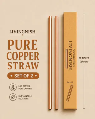 11” Pure Copper Reusable Metal Drinking Straws, 2-Piece Set for Mugs, Kitchenware & Bar Utensils