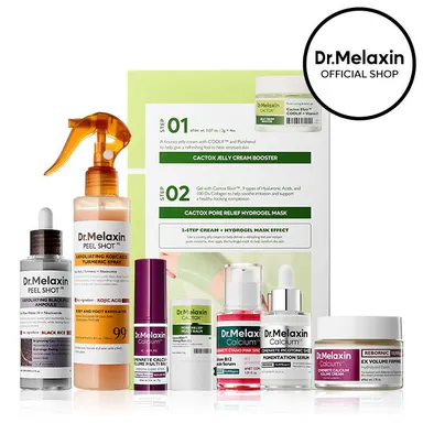 [Dr.Melaxin Official] 8-Piece Glass Skin Glow & Firming Routine Set | Peel Shot Exfoliator, Calcium Volume Multi Balm & Cream, Spicule Serum, Cactox Hydrogel Mask | Korean Skin Care Set for Glowy, Bouncy Skin