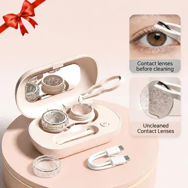 [sohochic]  Plastic Ultrasonic Contact Lens Cleaner Kit - Mini-Sized Deep Clean Tool Set with Leak-Proof Storage Case, Built-In Mirror, Insert/Remove Tools, Premium Wear-Resistant Material, Pink Travel Gift (1 Set)