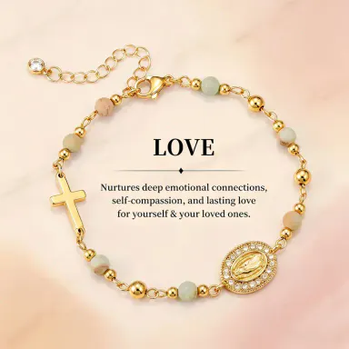 TEWIKY Charm Bracelet for Women with Natural White Turquoise & Pink Zebra Jasper, 14kt Gold-Plated High Quality Beaded Stretch Jewelry, Virgin Mary Religious Gift, High Quality Bracelet, Exquisite Bracelet tiktokshopbacktoschool
