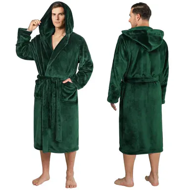 PAVILIA Mens Soft Robe with Hood, Bathrobe for Men, Lightweight Fleece Male Hooded Robe Long Bath Shower Spa