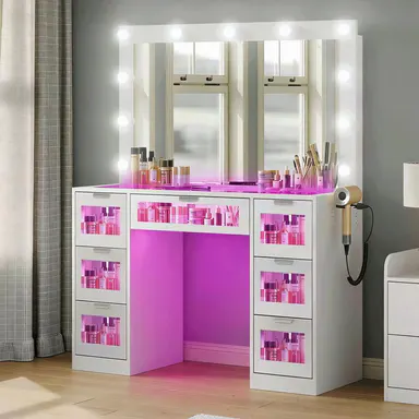 PUNICE Modern Bedroom Makeup Vanity Desk - Modern Dressing Table, Even LED Makeup Mirror, Tempered Glass Top (Wipes Clean Fast), 7 Drawers, RGB Ambient Lighting, Sturdy Storage Furniture for Vanity Organization