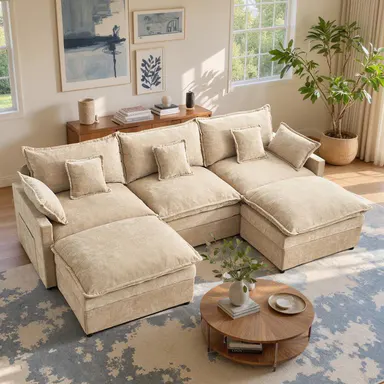 【2 Packages Shipping】 CAODOC 108\" U- Shaped Modular Sectional Sofa - Comfy Cloud 3-Seater with 2 Movable Ottoman, Deep Seat Chenille Couch for Living Room, Beige Color,Comfort &  Stylish Design
