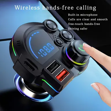 20W PD Type-C Bluetooth 5.3 FM Transmitter Car Charger with Ambient Lighting, LED Display, HD Audio, Dual USB Ports, Bass Enhancer, RGB Glow, Hands-Free Calls, 12V-24V Auto Adapter, Road Trips Essential, Car Accessories, Vehicle Accessory