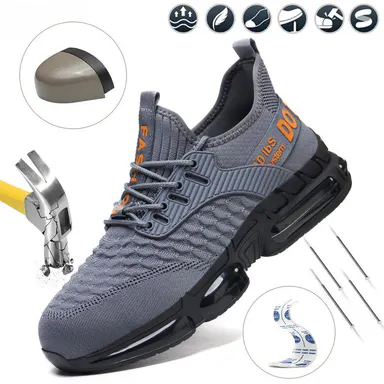 Shenganton Men's Closed Steel-Toe Athletic Work & Safety Shoes - Round Toe, Colorblock, Laces, Lightweight, Breathable, Durable, All Seasons Worker Footwear for Outdoor Work