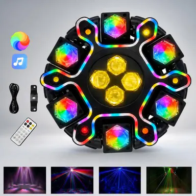 200W Moving Head DJ Light - 12-Arm Lighting Structure RGBW LED Aluminum Body, 4-in-1 Bee Eye RGBW Effect, Red/Green Laser, White & Amber Strobe, DMX-512 & Remote for Home Color Changing Commercial Lighting