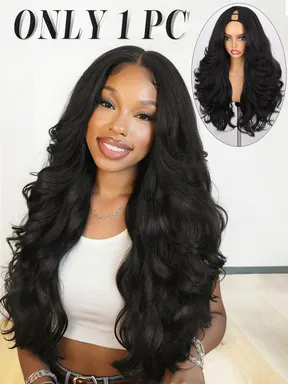 Yaki Curly V Part Wig 26 Inch, Synthetic Half Wig Glueless U Part, Flip Curls, Natural, for Women, Daily Party Use, Natural Looking Wig, Glueless Wavy Wig