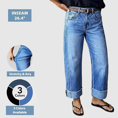 Flamingals Wash Seam Front Roll Raw Hem Mid Rise Straight Leg Jeans Womenswear Stretchy 26.8\" Inseam Summer Vibes