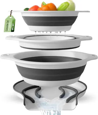 Gevoli Collapsible Colanders 3-Pack Sturdy Kitchen Strainer Set, Compact with Over-Sink Self-Drainage Base, 3 Sizes (3QT, 4QT, 5QT) for Dinner Prep (Patent Pending, White)