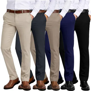 3-Pack Mens Flex Stretch Slim Fit Dress Pants (Sizes, 30-40)