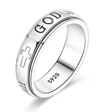 MULA Women's 925 Silver-Plated Spinner Ring, Christian Fidget Jewelry with Engraved Psalm 46:5 Verse and Holy Cross for Anxiety Relief, Inspirational Message Gift for Resilience, Strength, Gift Of Encouragement, Calming Spinner