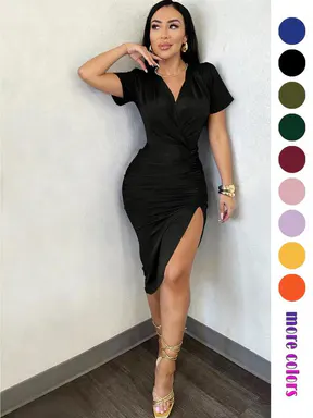 Elegant Pleated Collar Bodycon Fit Dress, Short Sleeve Summer Dress, Split Hem, Perfect for Parties, Weddings, Office Wear, Elegant Party Apparel, Women's Fashion, Elegant Dresses