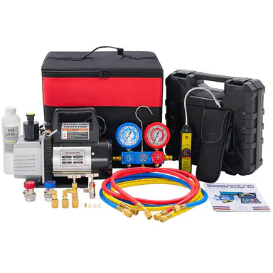 110V 1/3 HP 4CFM Single Stage Vacuum Pump Kit with R134a Manifold Gauge Set, Leak Detector, 1/4\" Hoses & Carry Bag for HVAC AC Refrigeration, ETL Listed