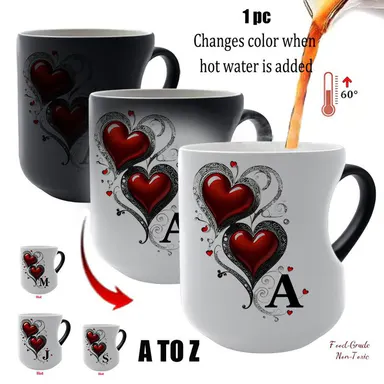Shimmering Heart Initials A-Z Thermosensitive Ceramic Mug, Magic Color-Changing Heart-Handle Mug, 11 Oz/330 Ml, Mothers Day Gift