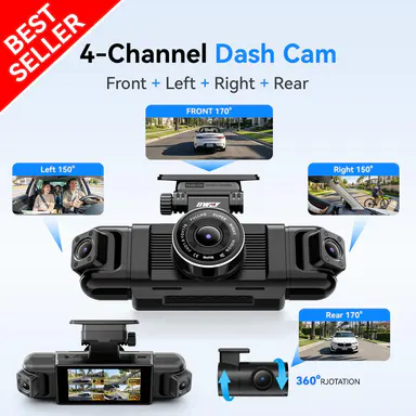 【Best Seller】IIWEY N5 4-Channel 360° HD Car DVR, Car Accessories with Rotatable Front-Rear-Left-Right Cameras, 1080P+8 IR Night Vision, 5G Wi-Fi & App Control, G-Sensor, Parking Mode, Loop Recording, Dual Recording Modes, Free 128GB SD Card