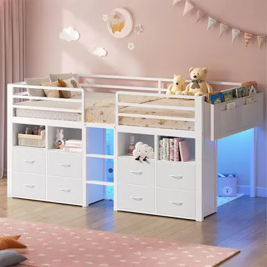 [TiktokShopStockUp] Sikaic Twin Size Low Loft Bed for Kids with 8 Storage Drawers, Bookcase & LED Lights, Metal Loft Bed with 14\" High Safety Guardrails, Under-Bed Play Space, No Box Spring Needed, White, Home Furniture Christmas Gifts