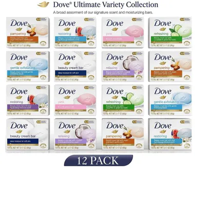 Dove Beauty Bar 12-Pack Variety - 3.2oz (90g) Cream Base Extra Mild Cleanser, 1/4 Moisturizing Cream Beauty Products for Home Face Body Routine, Assorted Fragrences, Smelling Good Fresh and Clean
