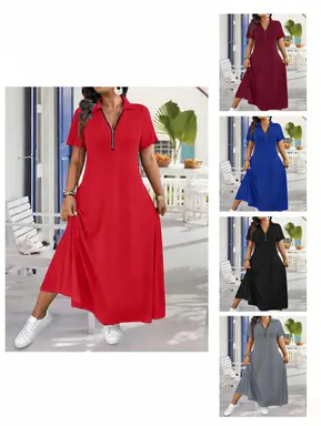 Women's Comfy Short-Sleeve Quarter-Zip Knit Fabric Polo Maxi Dress - Smooth, Adjustable, Sporty, Breathable Polyester Pullover for Everyday, Beach Casual Wear (Multiple Colors)