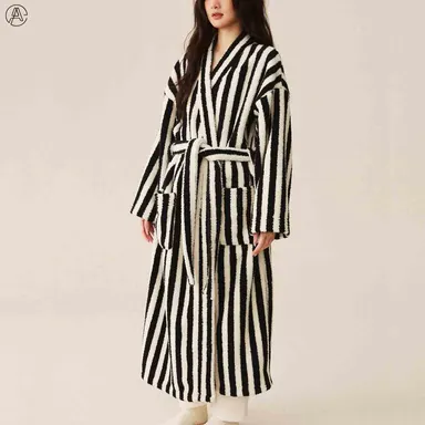 Arssm Womens Striped Fluffy Robe Long Plush Bathrobes Fuzzy Warm Cozy Thick Loungewear Maxi Robe