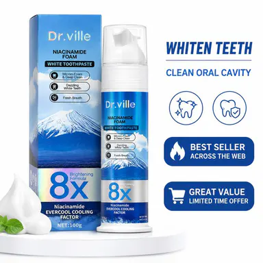 【Professional Grade】Dr.ville 8X Niacinamide Foaming Charcoal Brightening Toothpaste - Gentle Niacinamide Formula, Teeth Stain Cleaner, Cleansing, Peppermint-Infused, Bad Breath Freshening, Bamboo-Included Daily Oral Care, 100ml-C