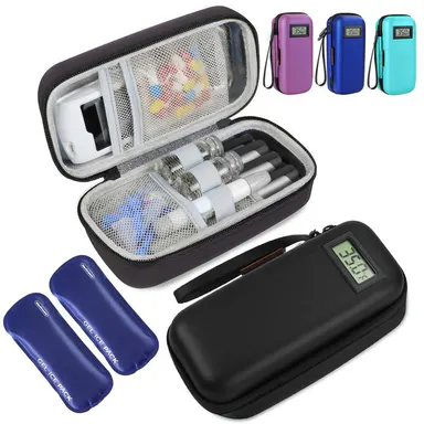 Insulin Cooler Travel Case, Portable Temperature Display Medicine Travel Cooler, travel essentials，Diabetes Case with 2 Reusable Ice Packs TSA Approved for Diabetic Supplies Patent Pending travelessentials