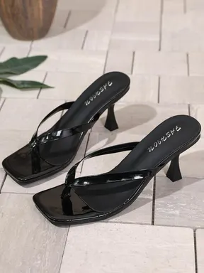 Women's Square Toe Fashionable Heeled Sandals, Artificial Leather Cat Heel Mules, Casual All-Season Footwear, Perfect for Work and Vacation
