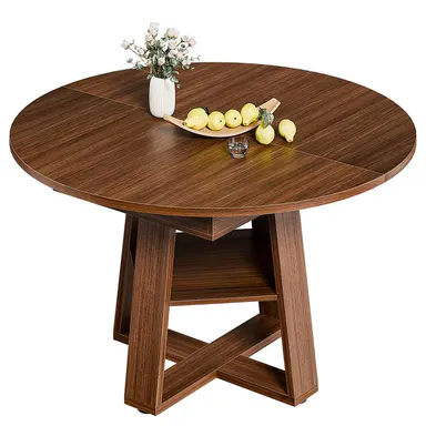 Extendable Round Dining Table for 4-8, Modern Kitchen Oval Dinner Table with Storage Shelf, Wood Pedestal Table, Space Saving Modern Style