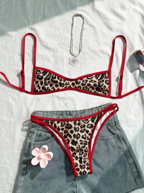 Women's Leopard Print Trim Sexy Bikini Set, Leopard Tie Back Swimwear Set, Paisley Print Swimsuit, Summer Holiday Beachwear for Dates & Music Festivals