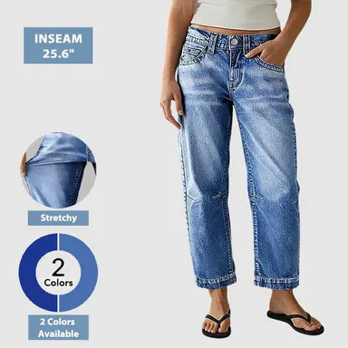 Flamingals Seaming Detail Mid Waist Straight Leg Crop Jeans Stretchy 25.6 Inseam Casual Fit