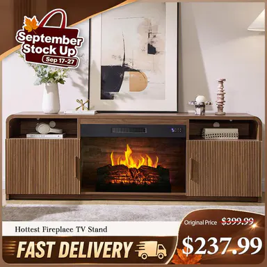 AMERLIFE 70\" Fluted Wood Grain TV Stand - Sturdy Modern Media Console with 30\" Electric Fireplace, Fluted Doors, Storage Cabinets, Fits 80\" TVs, Room Decor Home Goods, Living Room Tables #tiktokshopstockup