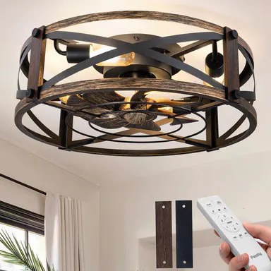 20\" Caged Ceiling Fan with Light and Remote, Low Profile Flush Mount Fandelier, Black Bladeless Enclosed Small Fan Lights Ceiling Fixtures, Rustic Farmhouse Style for Bedroom, Outdoor
