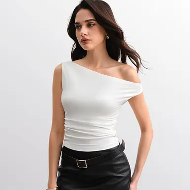 C202 Off Shoulder Ruched Waist Top Snatched Stretch Fit Sleeveless Going Out Tee Chic Summer Everyday Glam
